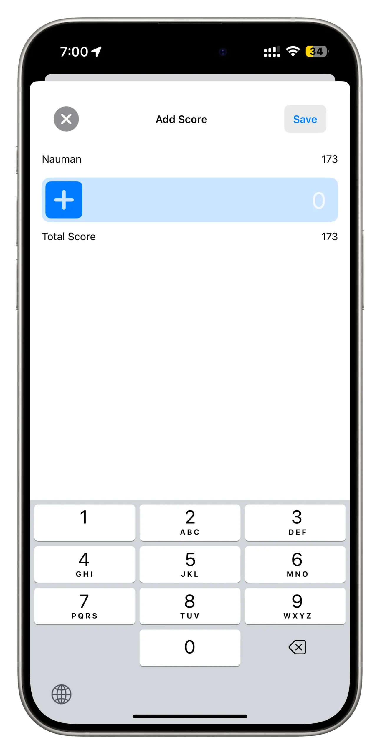 Skorer app screen